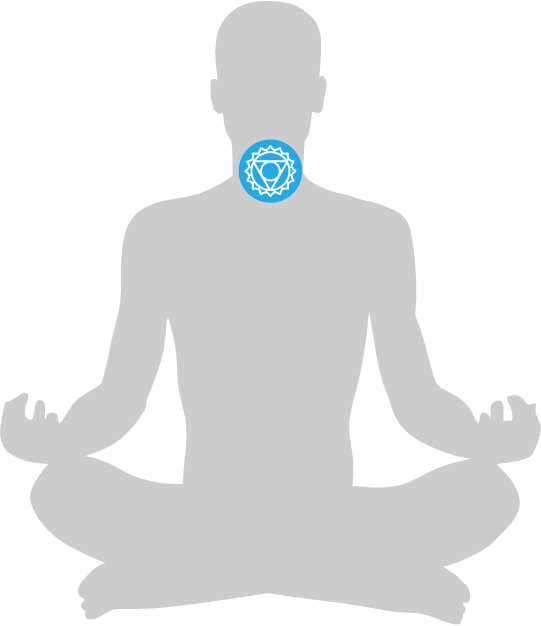 Mensch in Meditation mit Energiearbeit am Halschakra, visualisiert durch ein blaues Symbol, um Balance und Heilung zu fördern.