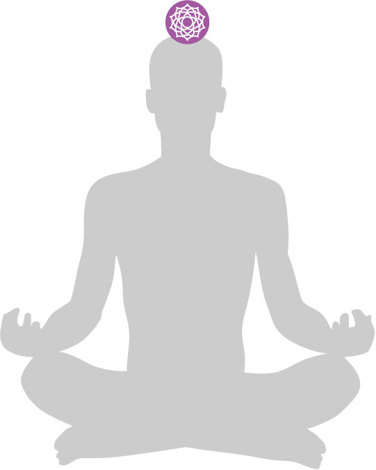 Meditations-Silhouette mit Chakra-Symbol für Energiearbeit über dem Kopf, symbolisiert spirituelles Wachstum.