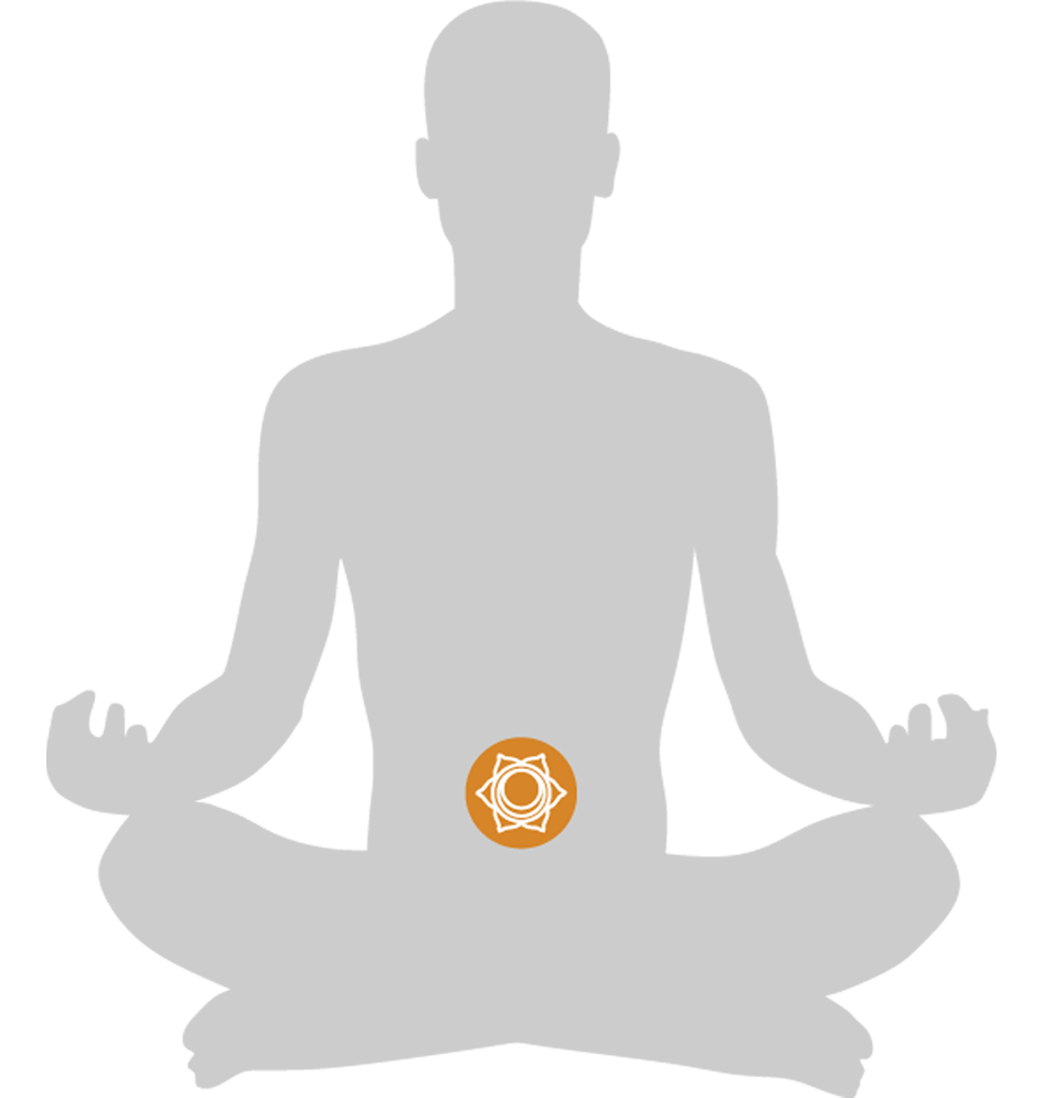 Orange Chakra-Symbol auf grauem Hintergrund, repräsentiert Energiearbeit zur Förderung von Balance und Kreativität.