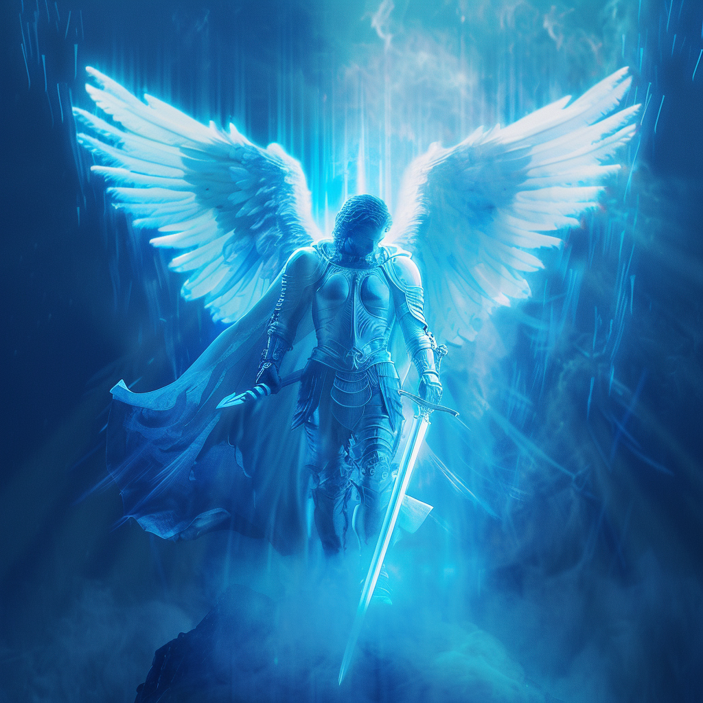Erzengel Gabriel , umgeben von blauem Licht, repräsentiert spirituelle Energiearbeit und himmlische Kraft.