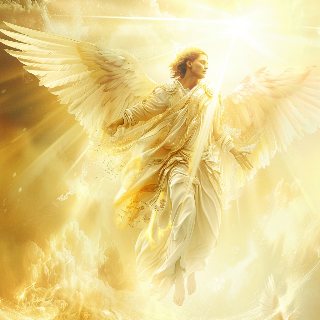 Ein himmlischer Engel in goldenem Licht, symbolisiert Energiearbeit und spirituelles Erwachen in einer strahlenden Sphäre.