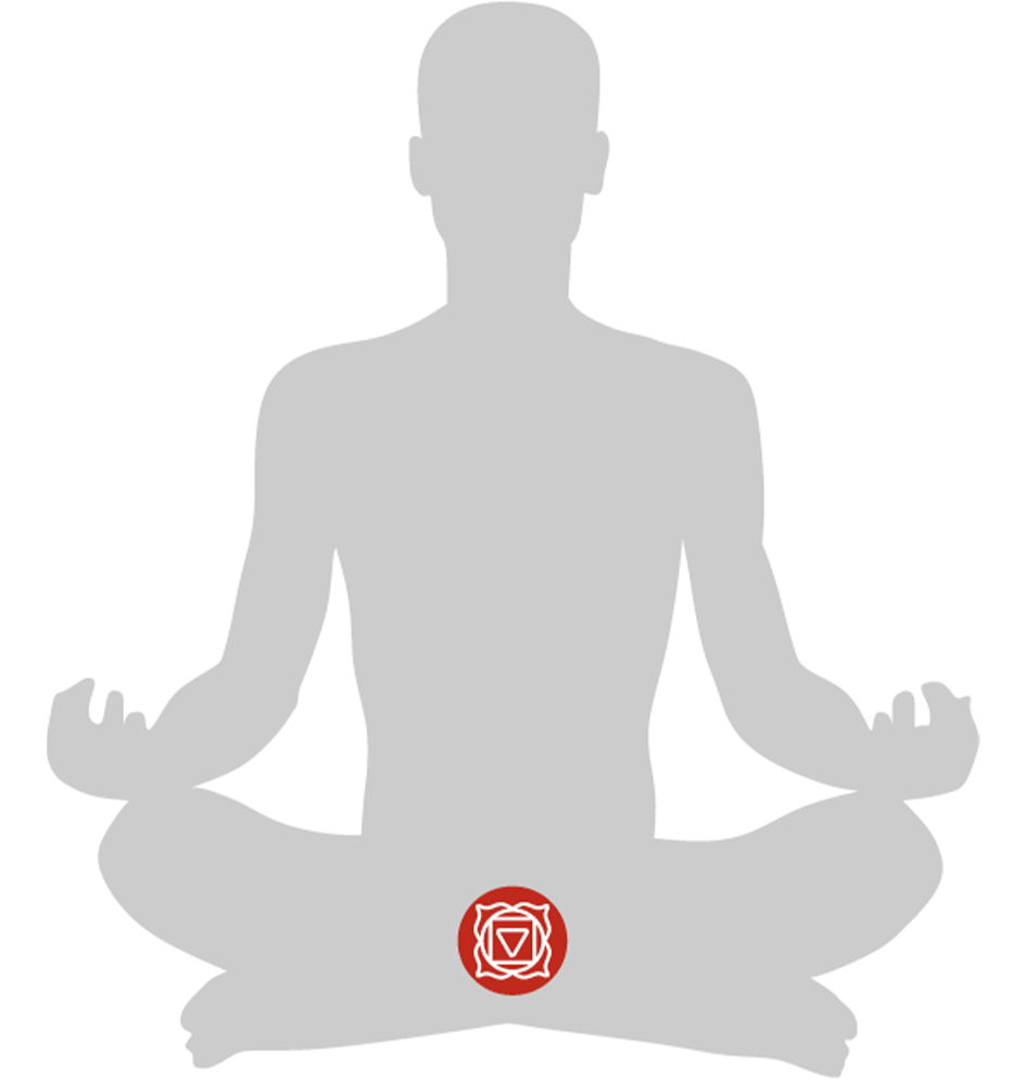 Meditierende Person in Lotus-Pose mit Symbol für Wurzelchakra, Energiearbeit zur Stärkung der Erdung und Stabilität.