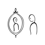 Strichmännchen betrachtet sein Spiegelbild als Symbol für persönliche Energiearbeit und Selbstreflexion.