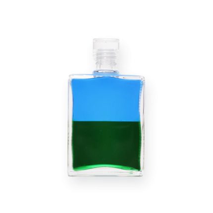 Buntes Fläschchen mit blauer und grüner Flüssigkeit für Energiearbeit und spirituelles Gleichgewicht.