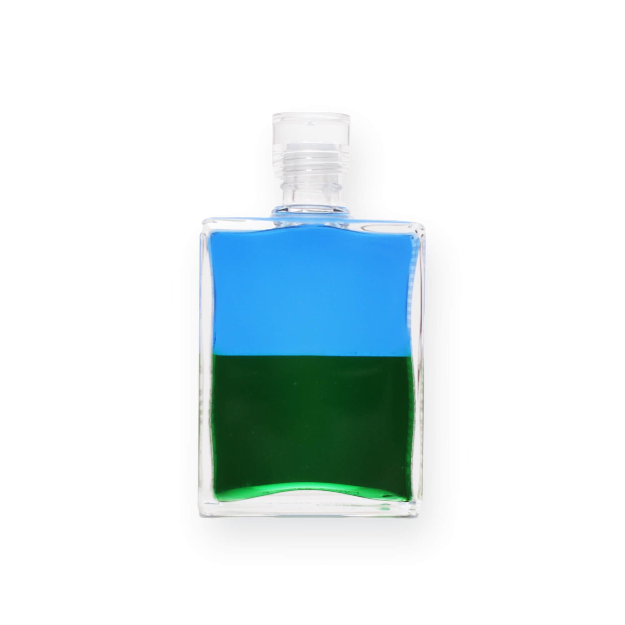 Buntes Fläschchen mit blauer und grüner Flüssigkeit für Energiearbeit und spirituelles Gleichgewicht.
