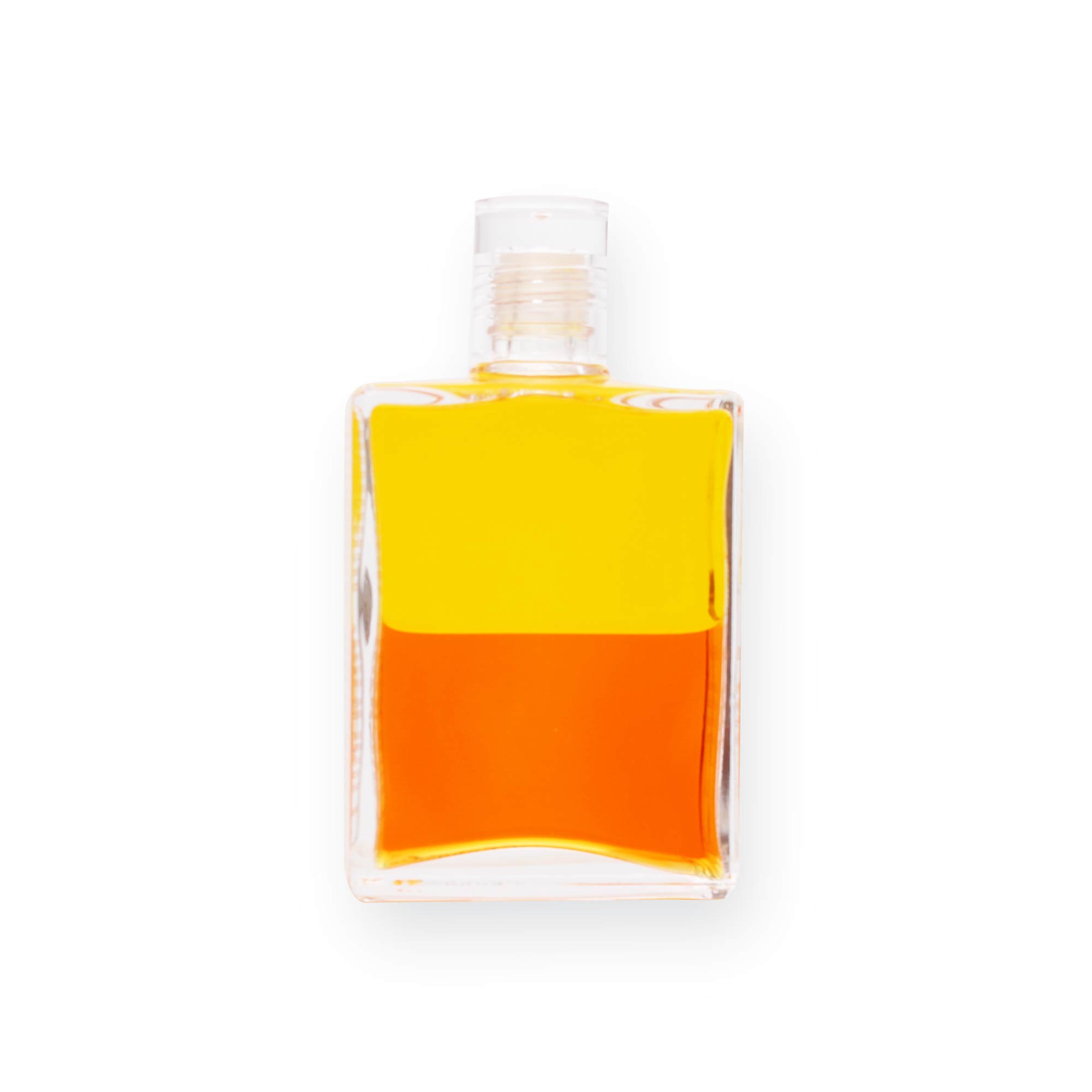 Klare Glasflasche mit gelber und oranger Flüssigkeit für Energiearbeit und spirituelle Heilung.