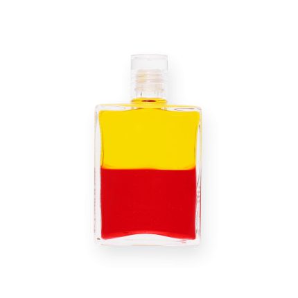 Gelb-rotes Fläschchen für Energiearbeit, symbolisiert Balance und Harmonie in spirituellen Prozessen.