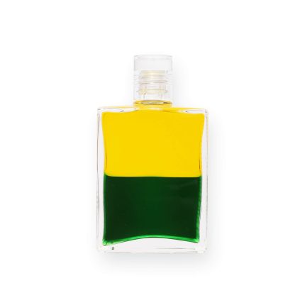 Zweifarbige Energiearbeit-Flasche mit gelbem und grünem Inhalt symbolisiert Harmonie und Ausgleich.