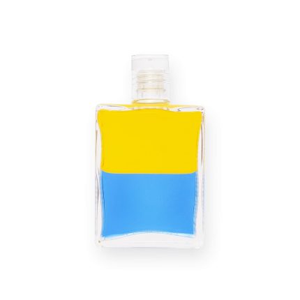 Klare Flasche mit gelber und blauer Flüssigkeit, ideal für Energiearbeit und harmonisches Wohlbefinden.