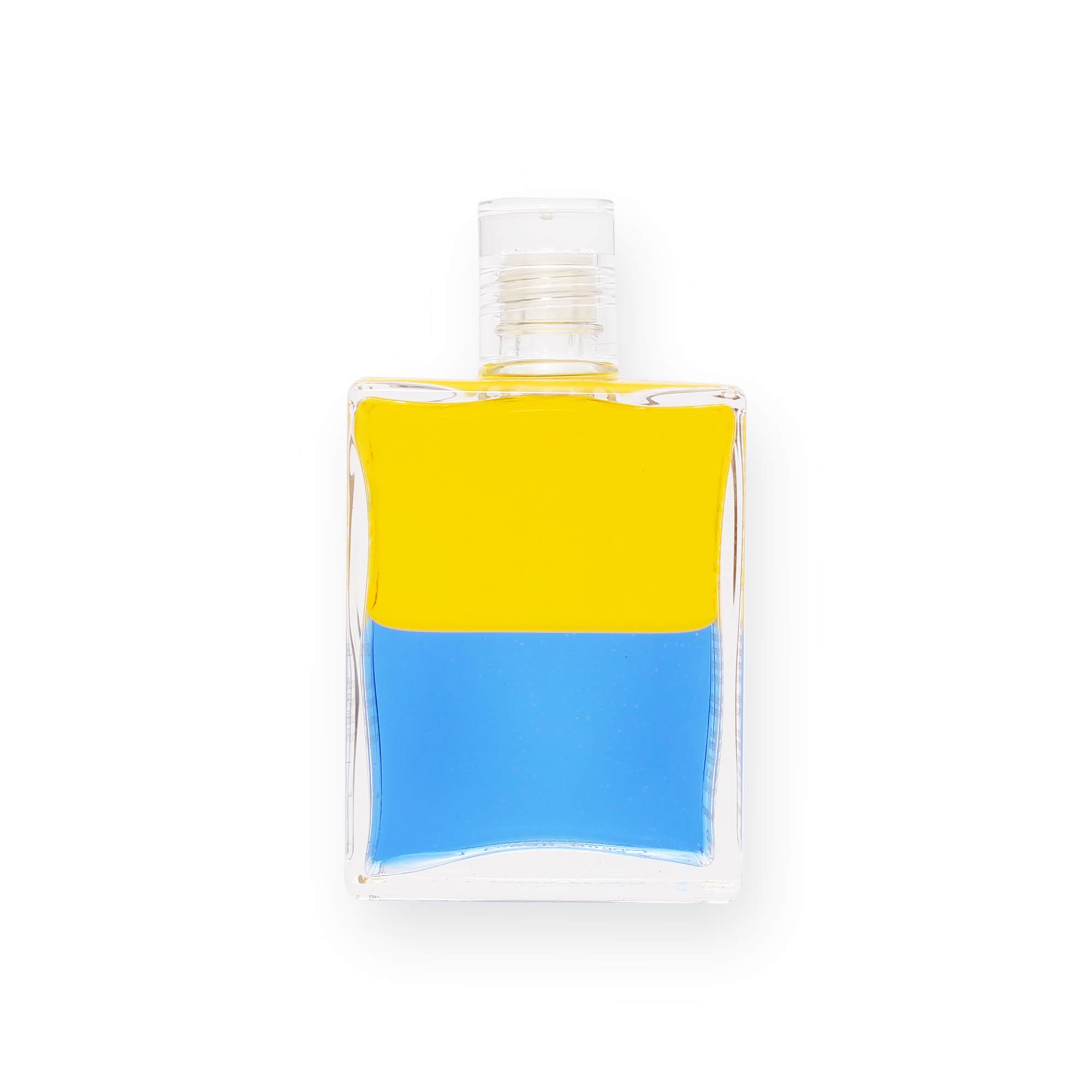 Klare Flasche mit gelber und blauer Flüssigkeit, ideal für Energiearbeit und harmonisches Wohlbefinden.