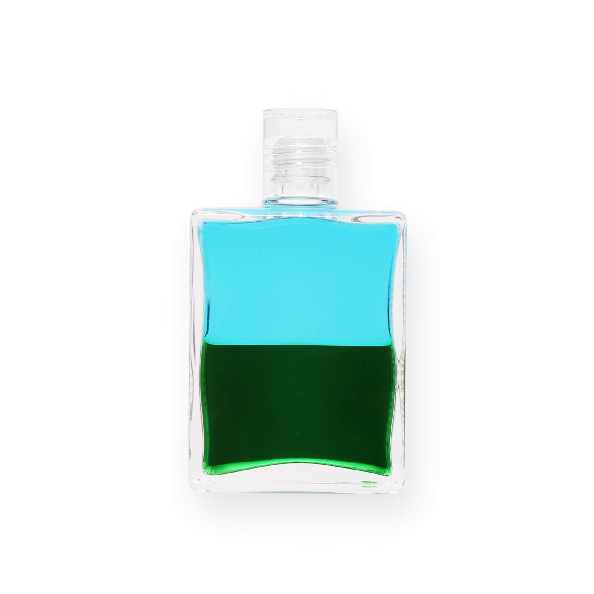Flasche mit zweifarbiger Flüssigkeit, Blau und Grün, als Symbol für Balance in der Energiearbeit.