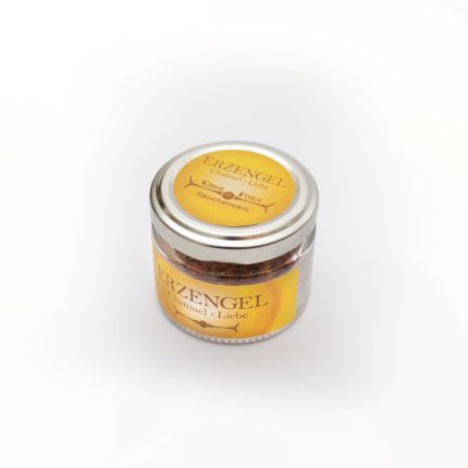 Glas mit Erzengel Chamuel Räucherwerk für Energiearbeit, Liebe und Harmonie in goldenem Etikett.