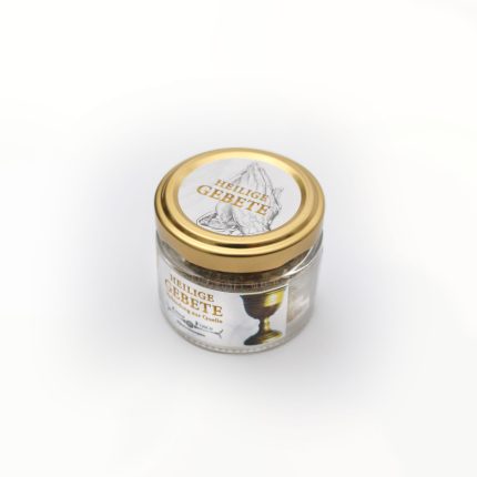 Kleines Glas mit der Aufschrift Heilige Gebete, ideal für Energiearbeit und spirituelle Praxis.