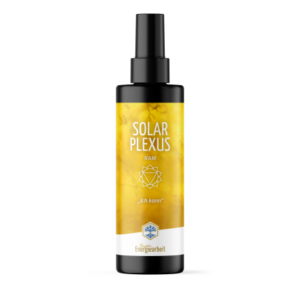 Sprayflasche für Solarplexus-Energiearbeit, gelb etikettiert mit Chakra-Symbol, fördert inneres Gleichgewicht und Harmonie.