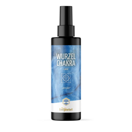 Sprayflasche für Wurzelchakra mit Energiearbeit-Label, Förderung von Balance und Erdung.
