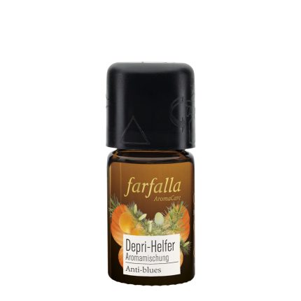 Flasche mit Aromaöl für Energiearbeit und Stimmungsaufhellung, etiketiert als Depri-Helfer von Farfalla.