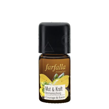 Flasche mit Aromaöl Mut & Kraft für Energiearbeit und Aromatherapie zur Unterstützung von Balance und innerer Stärke.